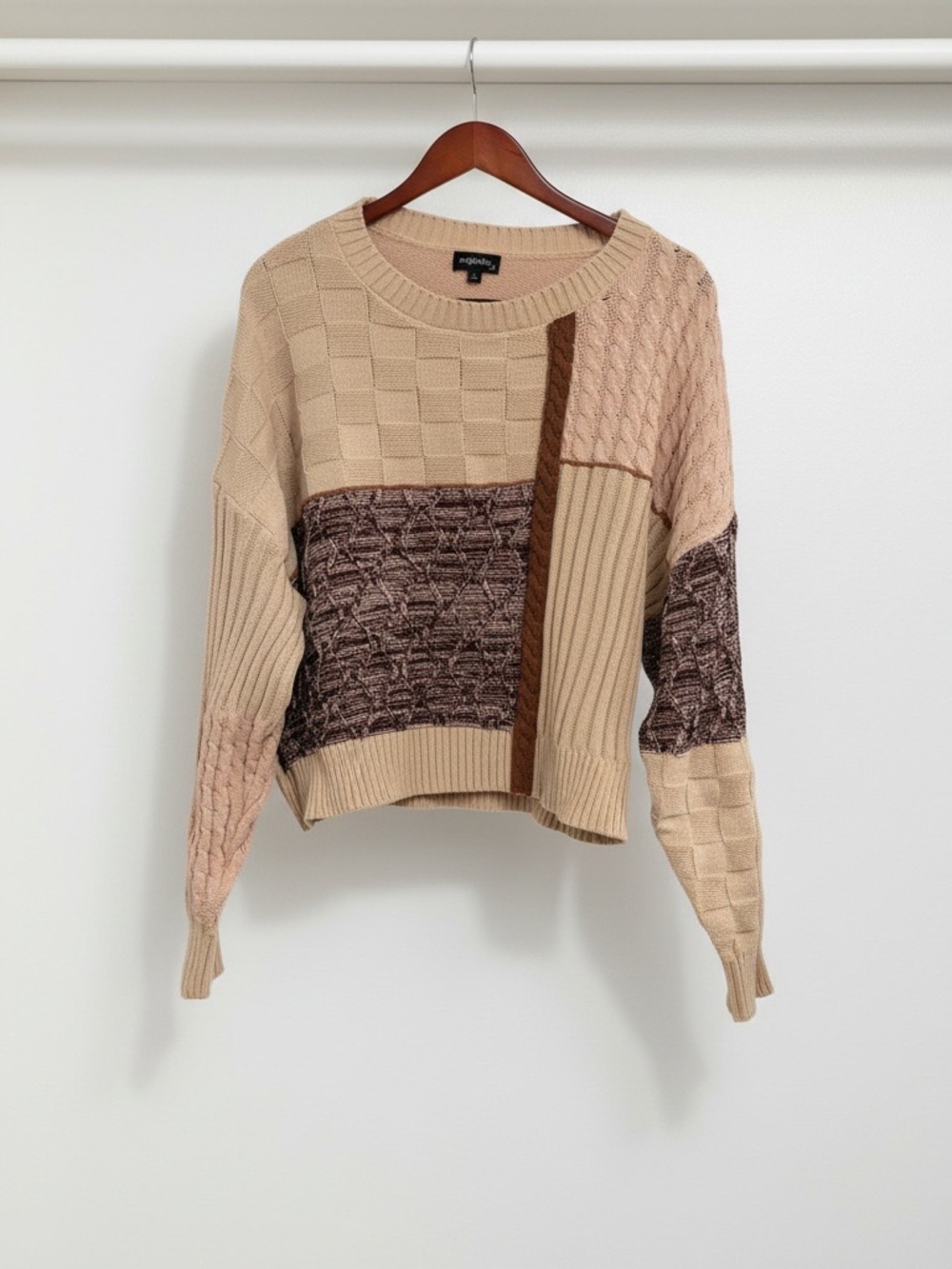 Mixed-Stitch Patchwork Crewneck Sweater - Beige & Brown